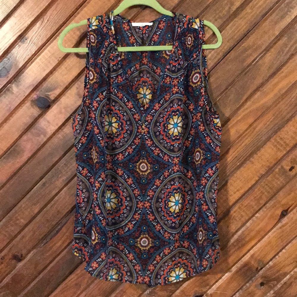 Boho print sheer sleeveless blouse
